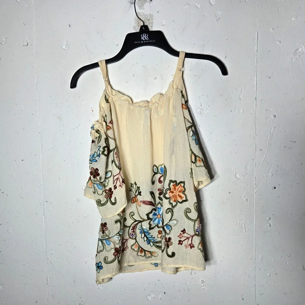 Cato Women Cream Floral Embroidered Top Small Boho Cottage Romantic Ivory Summer - Picture 2 of 10